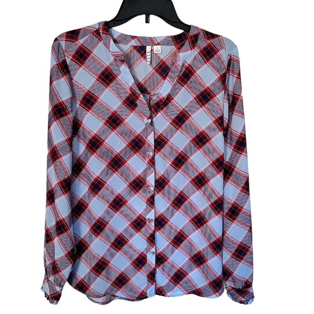 Elle Diagonal plaid long sleeve button up top with bow accents size small